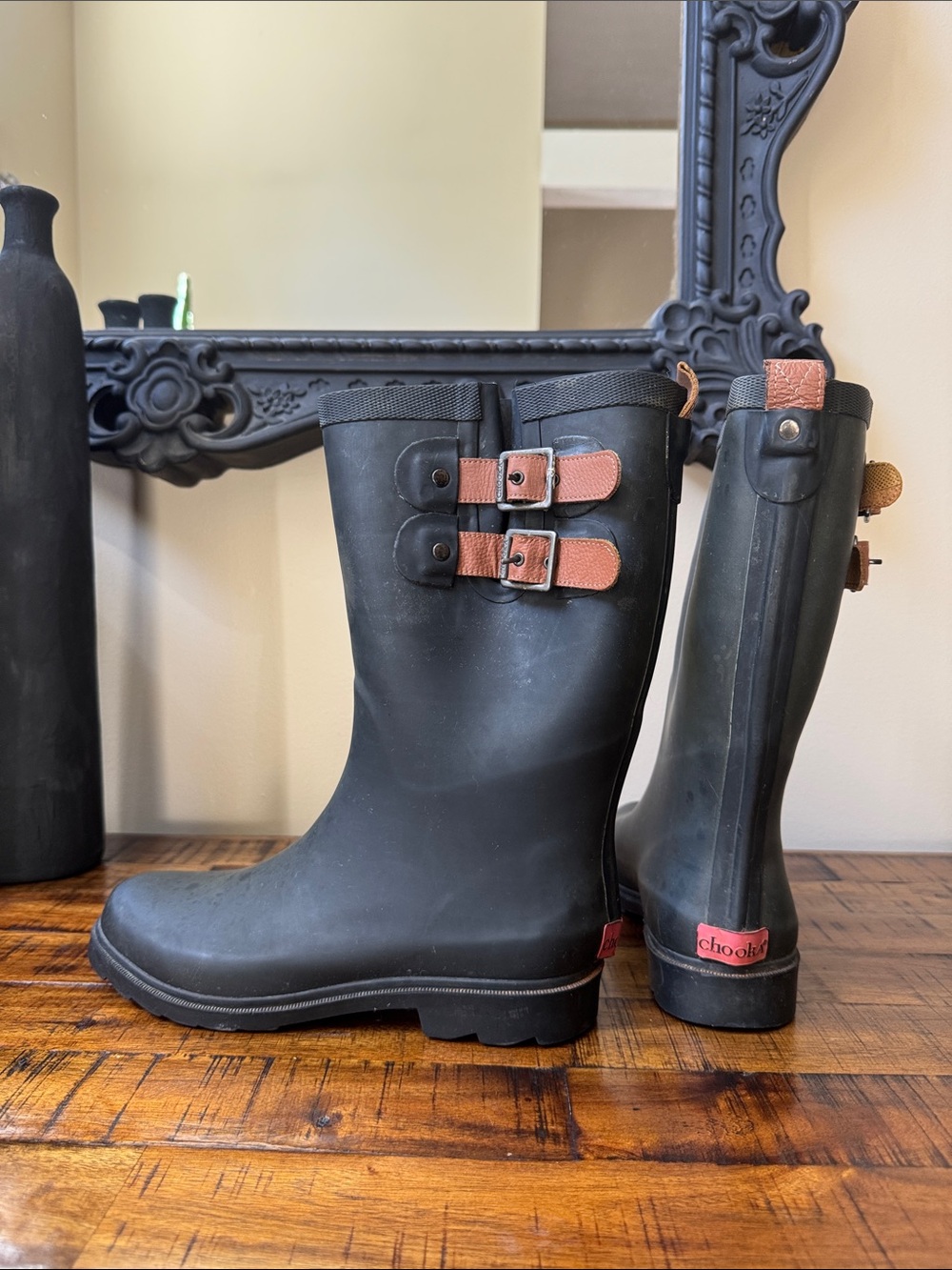 chooka Black Rain Boots with Tan Buckle Accents